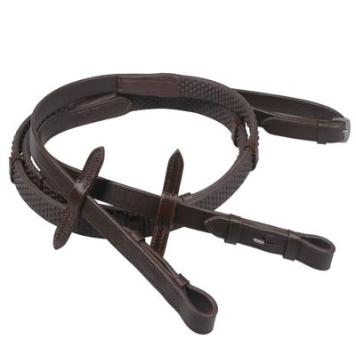 QHP Non-Slip Rubber Reins with Stops and Blind Buckles (Full, Brown)