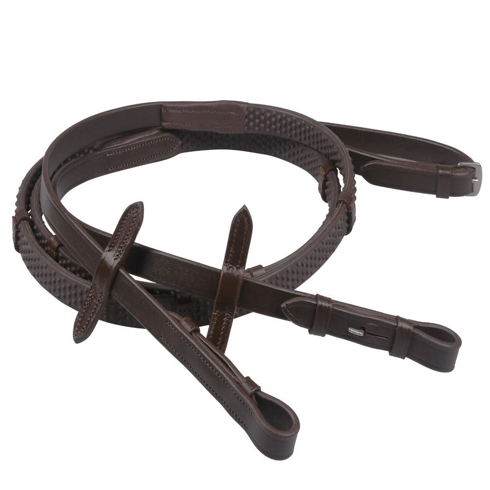 QHP Non-Slip Rubber Reins with Stops and Blind Buckles (Full, Brown)