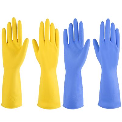 Rubber Cleaning Gloves, 4 Pairs for Kitchen, Dishwashing and Household Cleaning, Reusable (Large, Yellow + Blue)