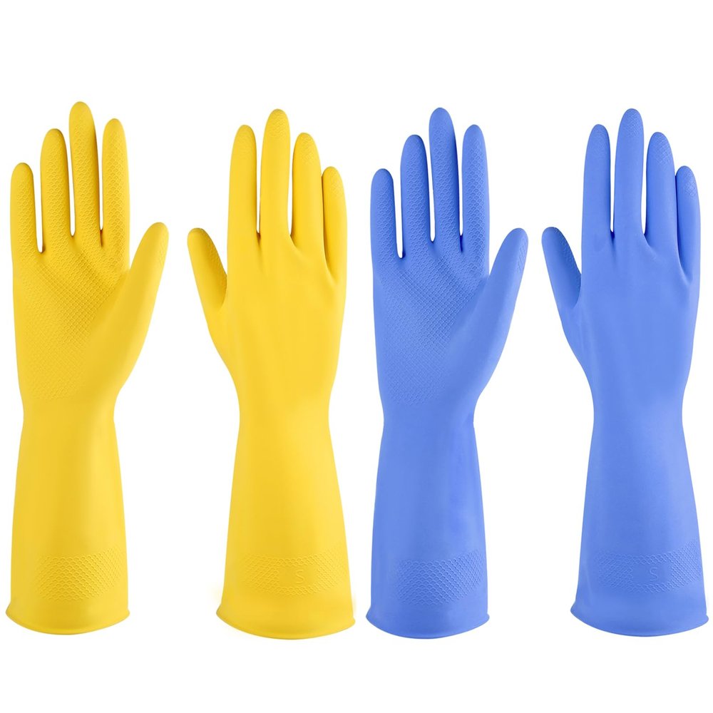 Rubber Cleaning Gloves, 4 Pairs for Kitchen, Dishwashing and Household Cleaning, Reusable (Large, Yellow + Blue)