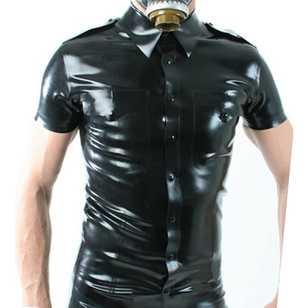 MCWJ Latex Shirt with Buttons, Front Pockets and Turn-Down Collar, Black, Men's XS