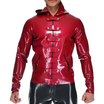 MCWJ Latex Jacket with Pocket, Zippers, Hood and Front Belt, Plum, Men's XXL