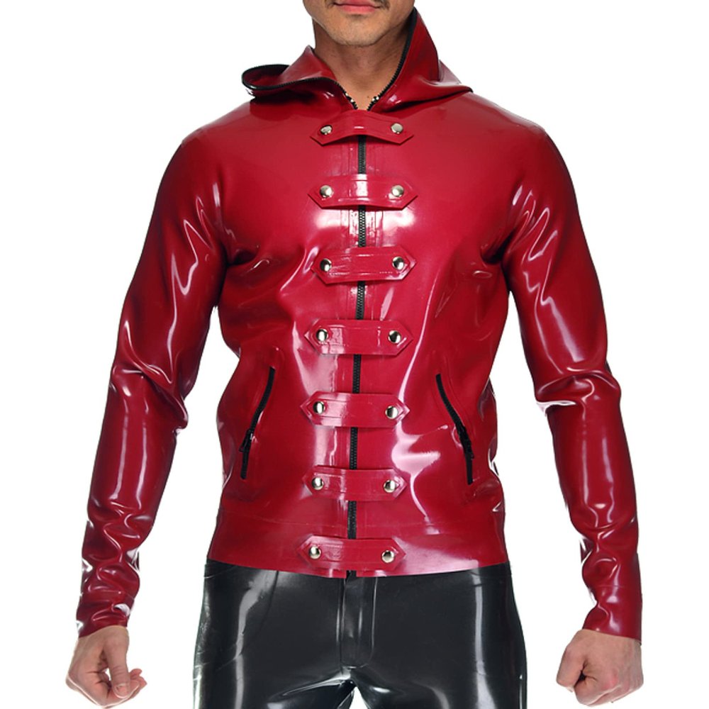 MCWJ Latex Jacket with Pocket, Zippers, Hood and Front Belt, Plum, Men's XXL