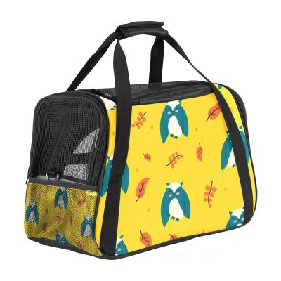 Pet Carrier, Cartoon Owl Maple Leaf Pattern, Soft-Sided, Foldable, Airline-Approved