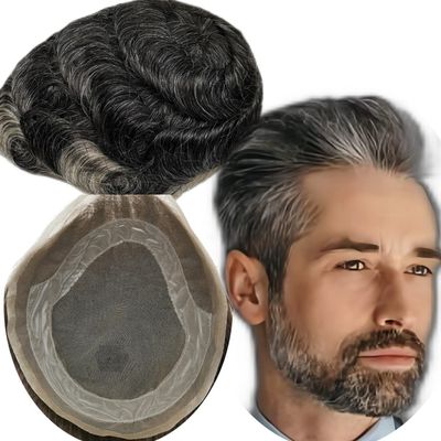 YANAHAIR Human Hair Toupee for Men, Wavy, Thin French Lace, Natural Hairline, Superfine Swiss Lace, Black and Gray, 8 x 10 Inches