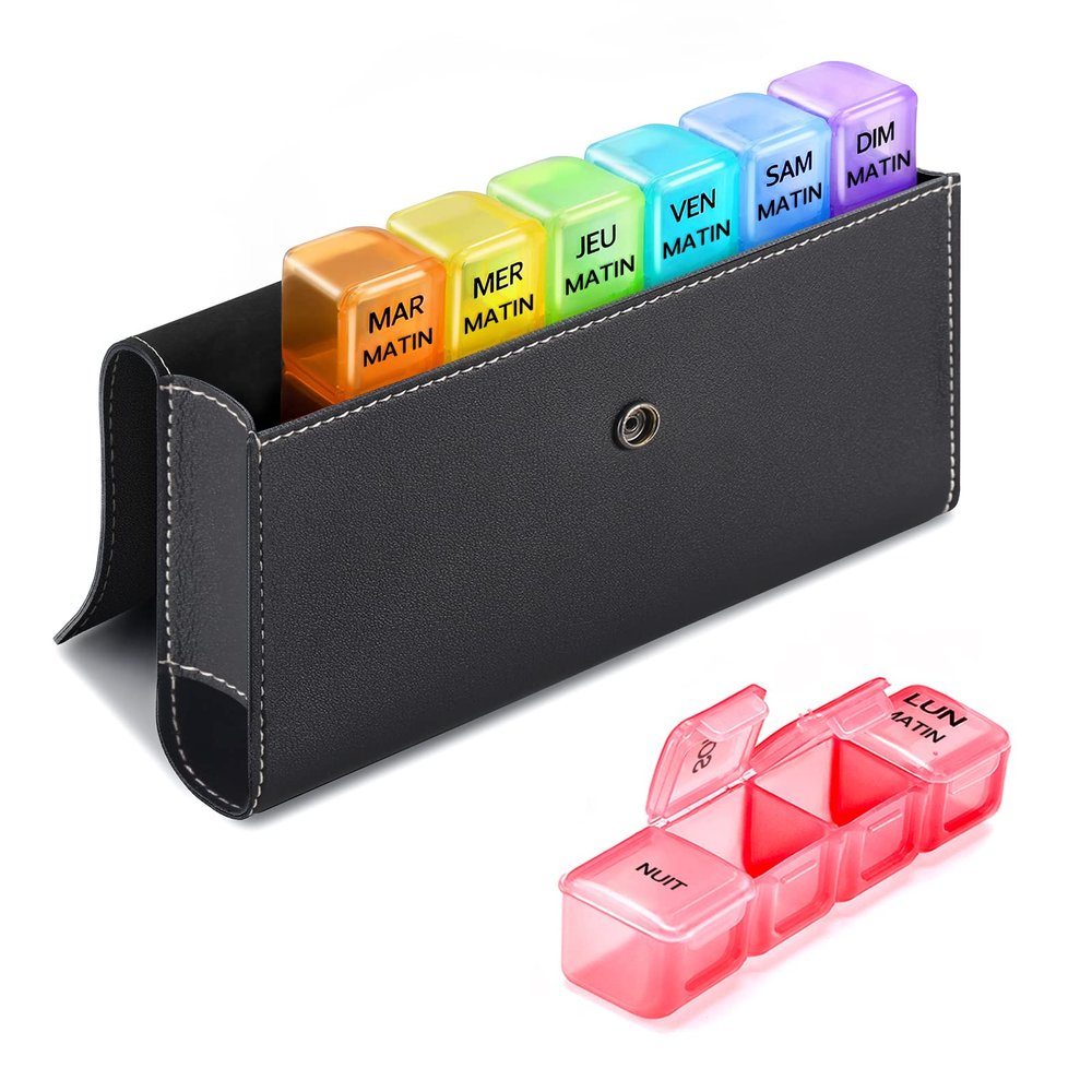 Weekly French Pill Organizer, 7 Days, 4 Times Daily, with PU Case, 28 Multicolor Compartments (Black)