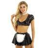 Women's Patent Leather Maid Cosplay Dress with Crop Top and Flared Mini Skirt, Black, XXL view 2