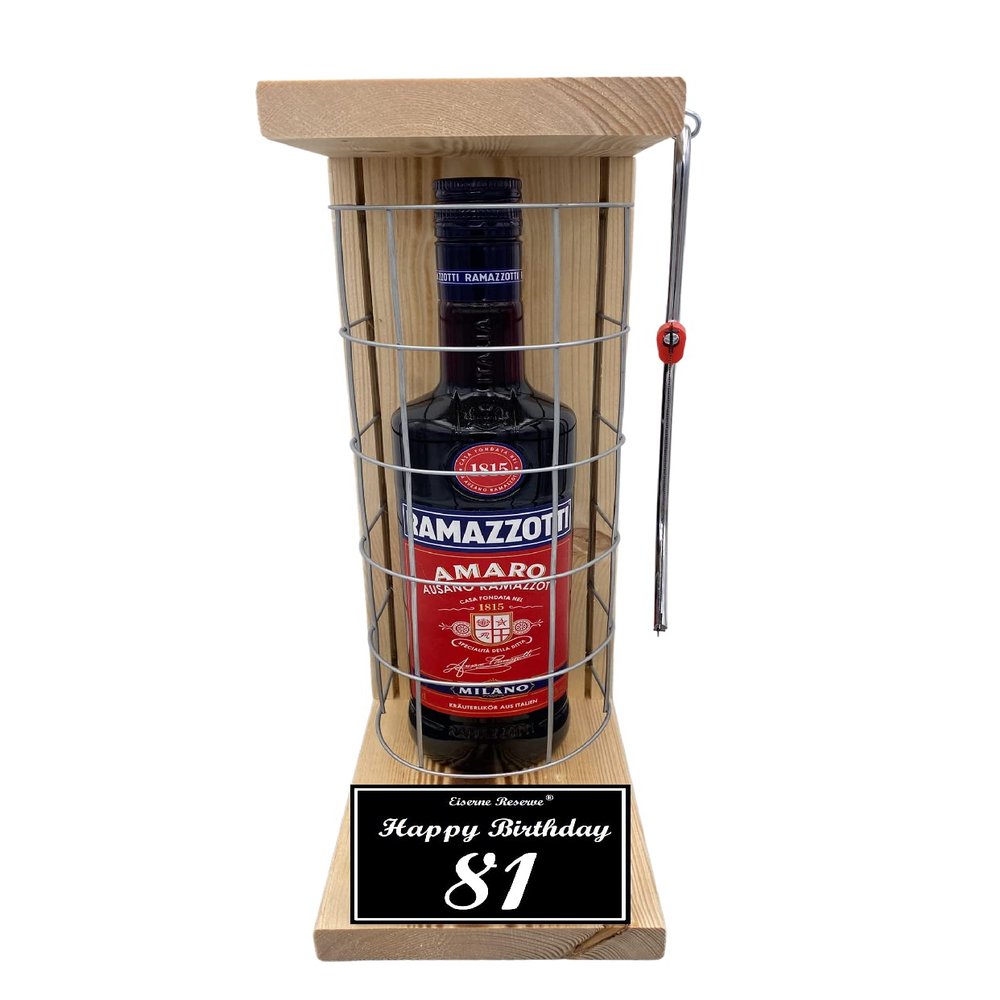 Ramazzotti 81st Birthday Gift – “Iron Reserve” Saw-Through Cage with “81 Happy Birthday” Text, Herbal Liqueur (1 x 0.70 L)