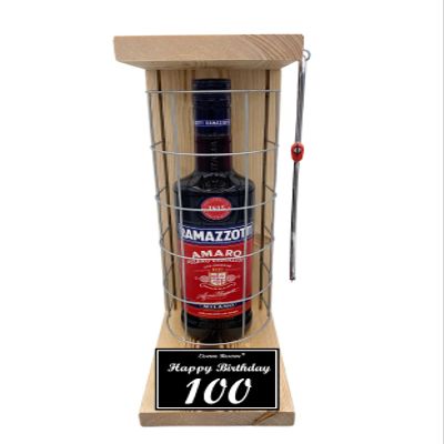 Ramazzotti 100th Birthday Gift – Iron Reserve Saw Cage with Black-and-White “100 Happy Birthday” Text, Herbal Liqueur, 0.70 L