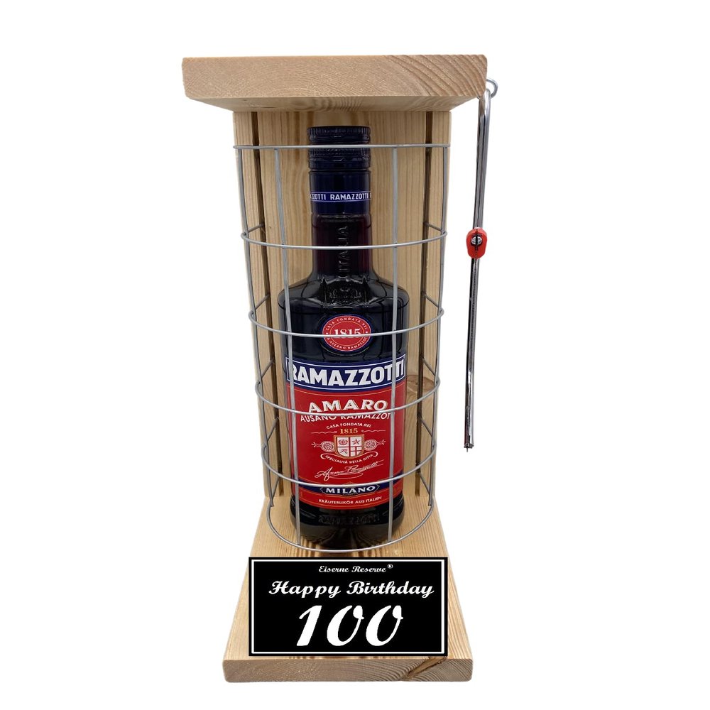 Ramazzotti 100th Birthday Gift – Iron Reserve Saw Cage with Black-and-White “100 Happy Birthday” Text, Herbal Liqueur, 0.70 L