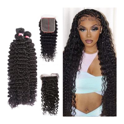 Brazilian Human Hair Wig for Women, 3 Bundles with 5" x 5" Transparent Lace Closure, Deep Wave