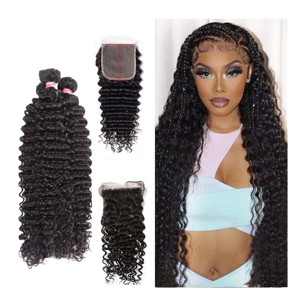 Brazilian Human Hair Wig for Women, 3 Bundles with 5" x 5" Transparent Lace Closure, Deep Wave