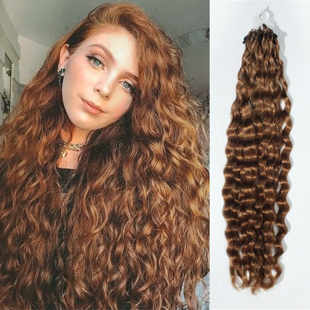 Micro Loop Hair Extensions, 1 g/strand, Curly, Human Hair, Easy Loop, Brazilian Remy Hair, Microring, 66 cm, Reddish Brown