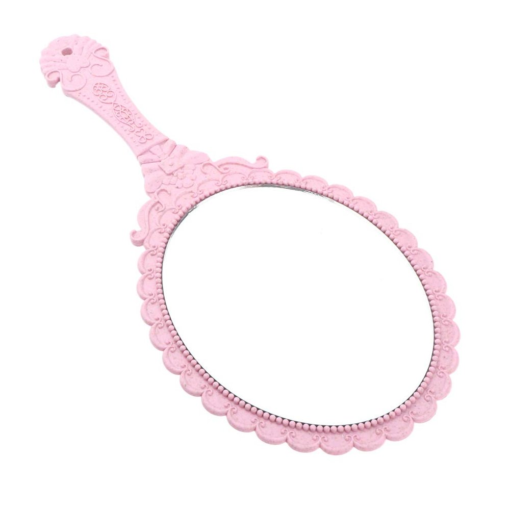 NA Antique Hand Mirror with Embossed Rose Design for Makeup, Light Pink