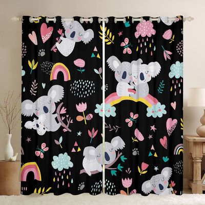 Kids' Koala Rainbow Curtains for Girls and Boys, Kawaii Cartoon Animal Window Curtains with Cute Flower Branches, 2 Panels, Bedroom Decor, Black, 46" x 72"