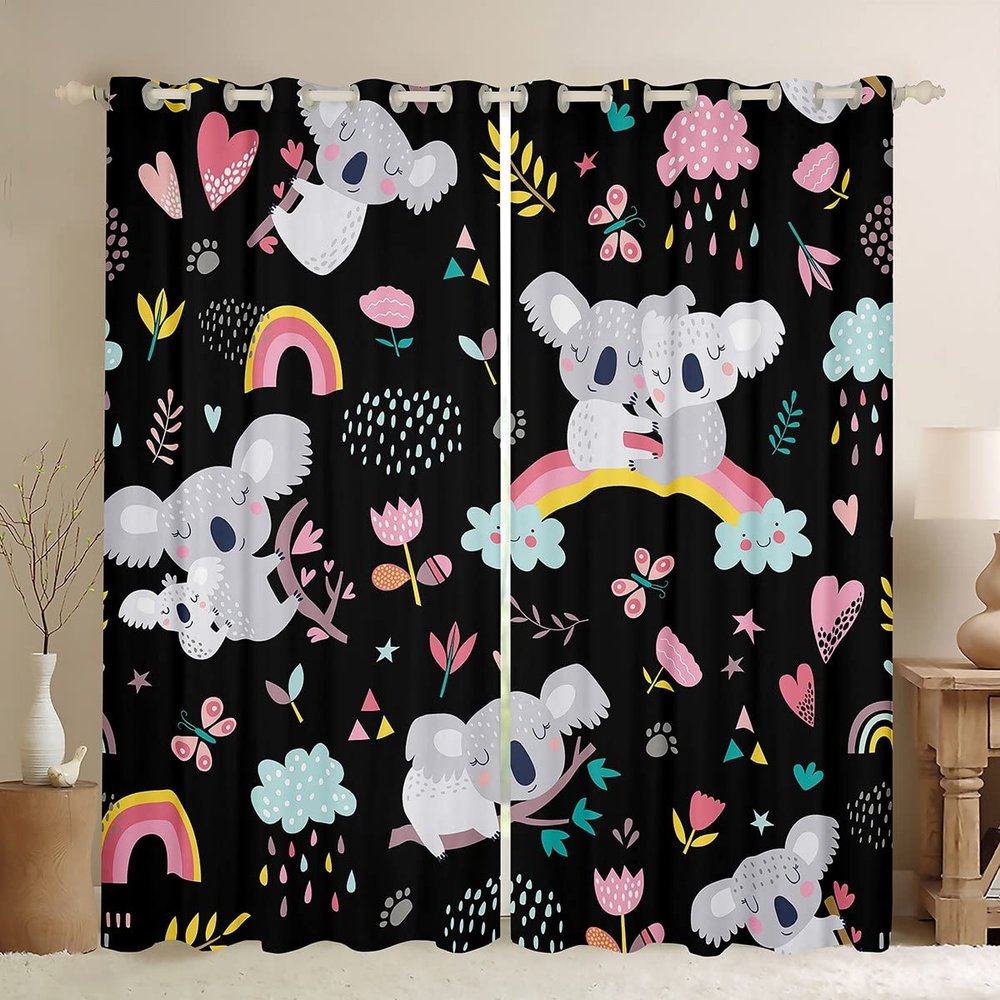 Kids' Koala Rainbow Curtains for Girls and Boys, Kawaii Cartoon Animal Window Curtains with Cute Flower Branches, 2 Panels, Bedroom Decor, Black, 46" x 72"