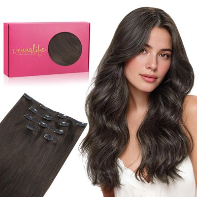 WENNALIFE Dark Brown Clip-In Remy Human Hair Extensions, 35 cm, 75 g, 5 Pieces