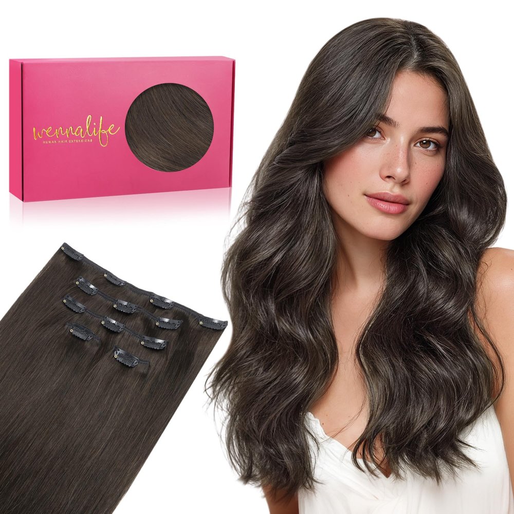 WENNALIFE Dark Brown Clip-In Remy Human Hair Extensions, 35 cm, 75 g, 5 Pieces
