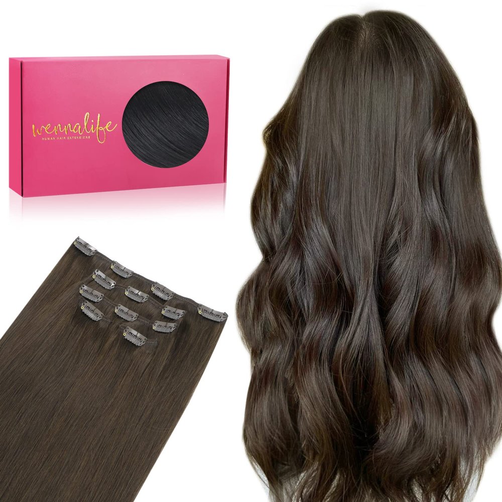 WENNALIFE 45 cm Clip-In Extensions aus Echthaar, 80 g, 5-teilig, Light Dark Brown