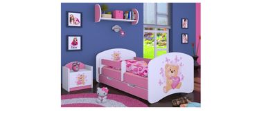 BDW Children's Bed with Mattress and Bed Drawer, Pink Girl Design, 140x70 cm