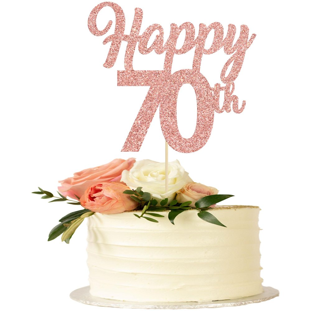 Happy 70th Cake Toppers, Rose Gold Glitter Number 70, 3-Piece Set