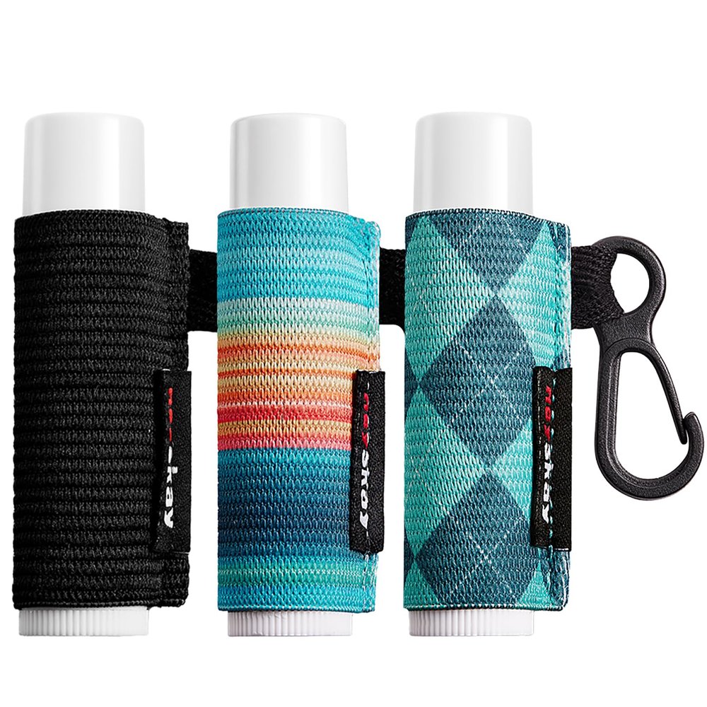 HEYSKAY Lip Balm Holder Keychain, Elastic Chapstick Sleeves, Black/Color Stripes/Geometric Pattern, 3-Pack