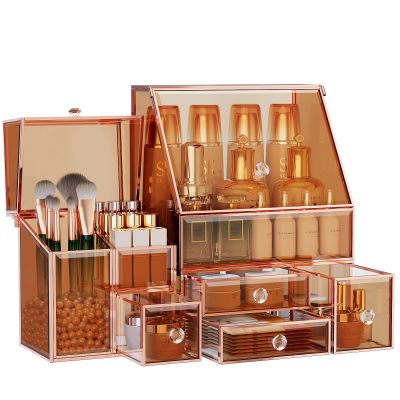 Youdepot Amber Makeup Organizer, 3-Piece Set, Tempered Glass Cosmetic Organizer with Drawers for Skincare, Brushes, Lipstick, Perfume and Bathroom