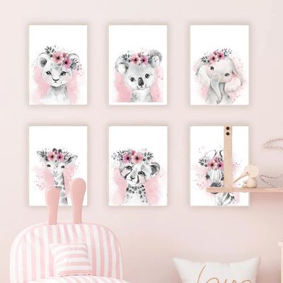 6-Piece Safari Animal Nursery Poster Set, Watercolor Pink, 21 x 30 cm