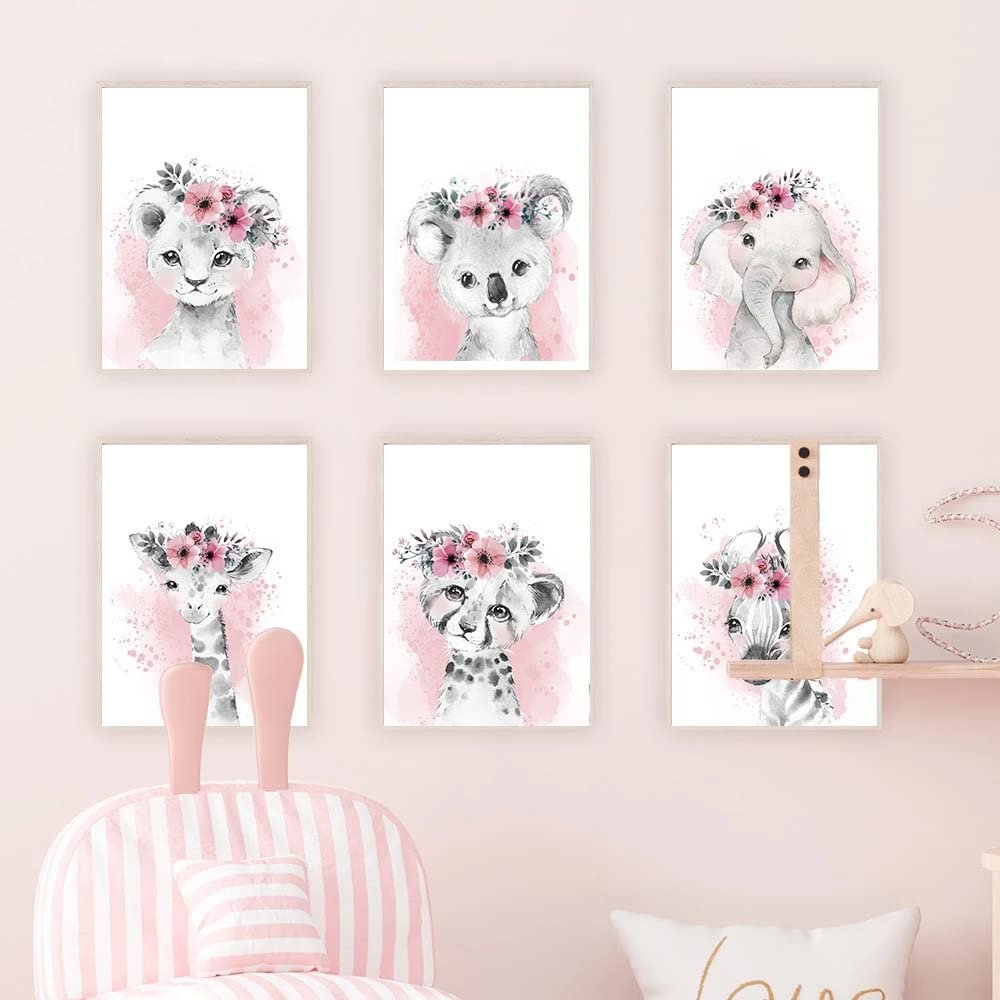 6-Piece Safari Animal Nursery Poster Set, Watercolor Pink, 21 x 30 cm