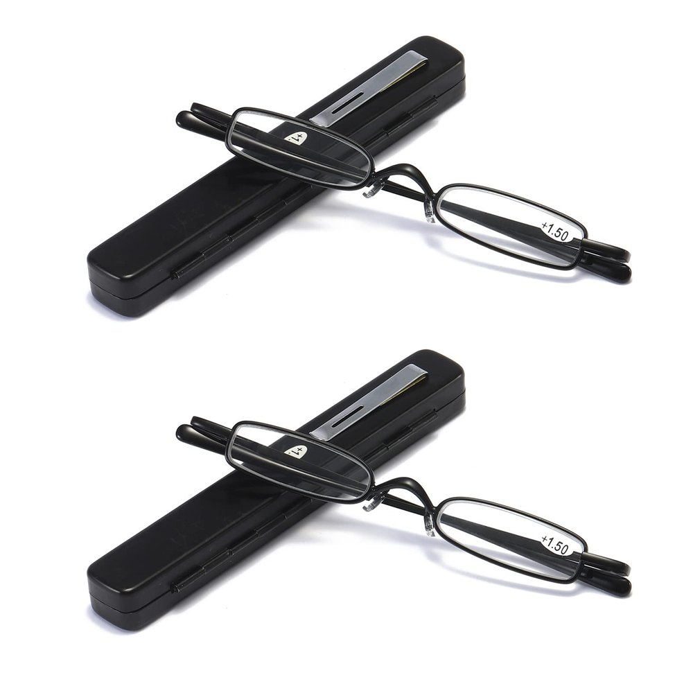 MMOWW 2-Pack Mini Metal Reading Glasses for Women and Men, Spring Hinges, Narrow Lightweight Readers with Case (Black, +1.5)