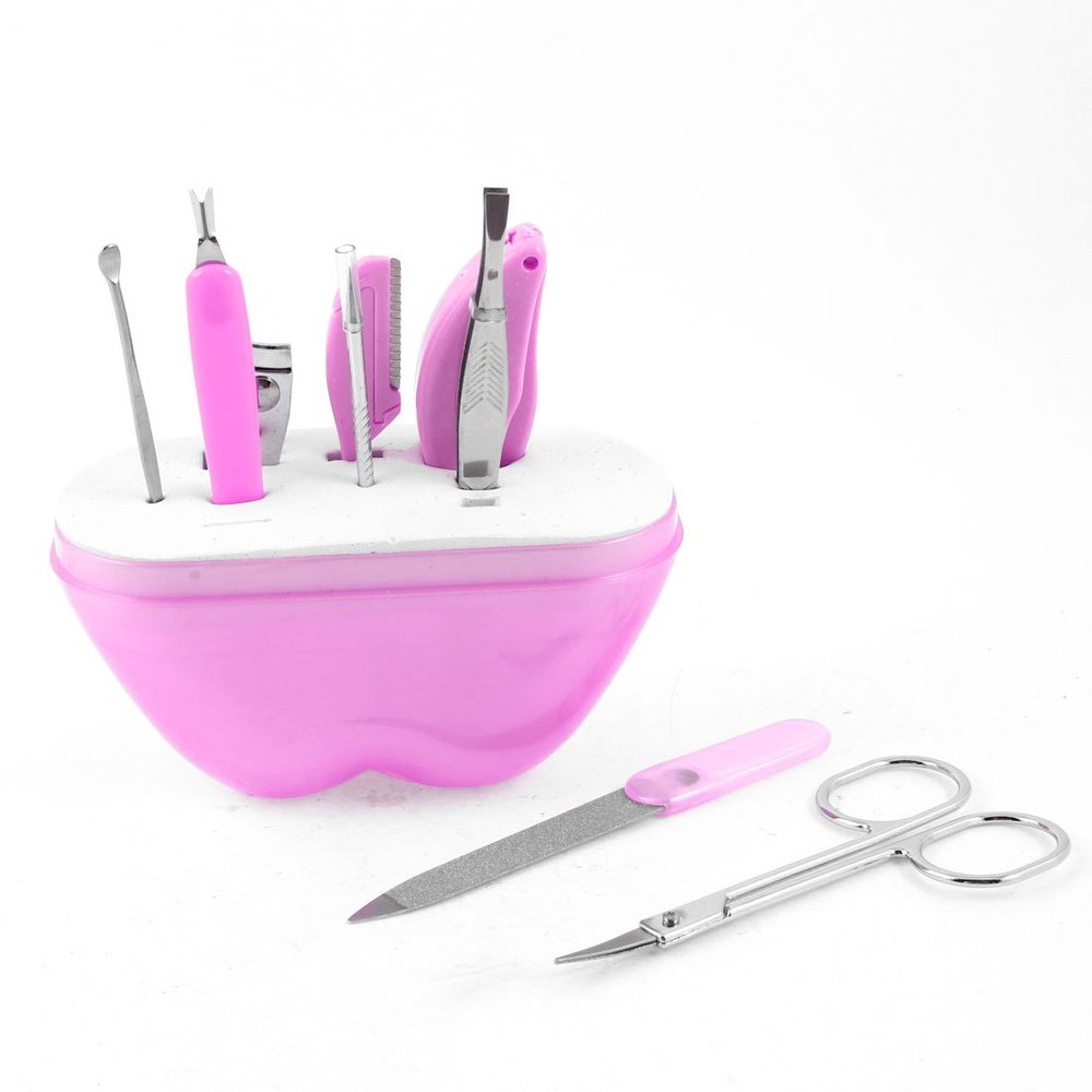 Ruilogod 9-in-1 Silver-Tone Pink Ear Pick, Scissors & Nail File Cosmetic Tool Set