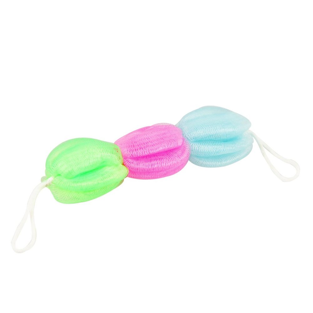 Three-Ball Nylon Mesh Bath and Shower Pouf – Pink, Orange, Yellow