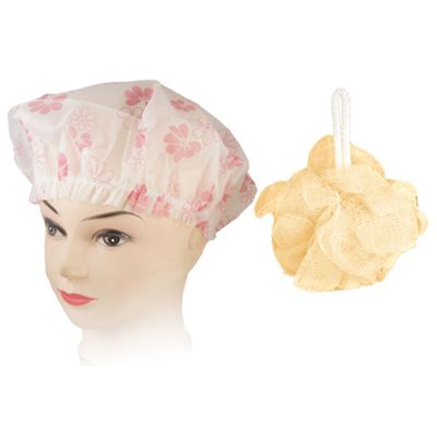 Ruilogod Orange Flower Elastic-Band Mesh Shower Cap Bath Puff