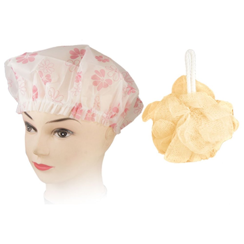 Ruilogod Orange Flower Elastic-Band Mesh Shower Cap Bath Puff