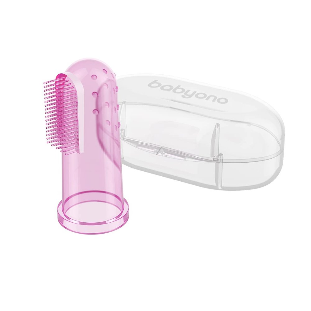 Babyono Baby Silicone Finger Toothbrush Oral Care Set with Storage Case, Pink