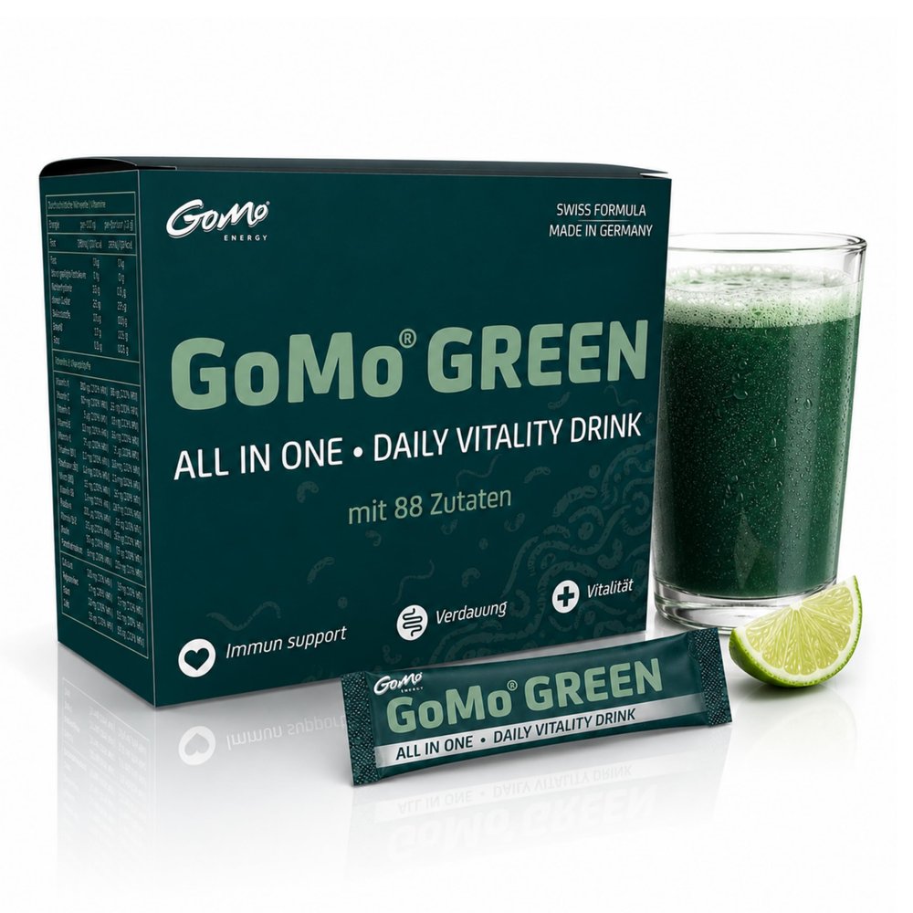 GoMo GREEN | All-in-One Daily Vitality Drink with Spirulina from Austria | Supports Performance & Concentration | Daily Greens Energy Made in Germany | 30 Servings