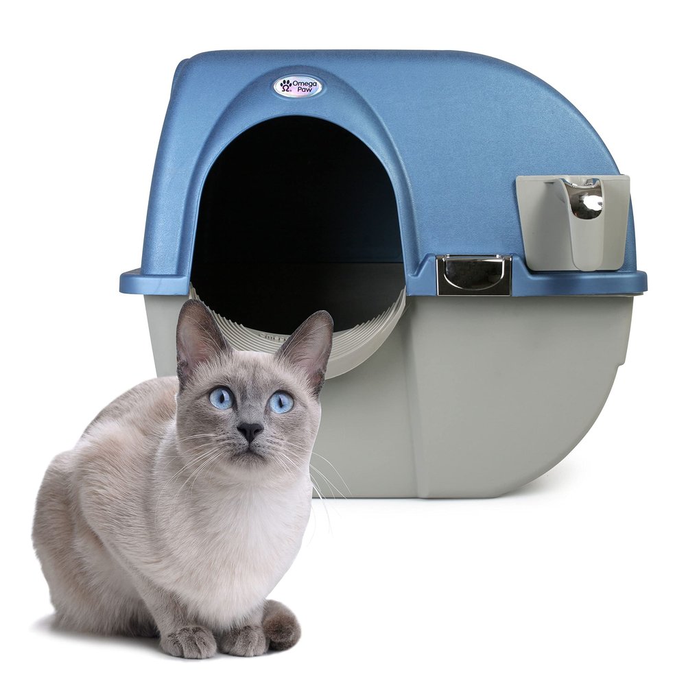 Omega Paw Premium Roll 'n Clean Self-Cleaning Cat Litter Box, Large, Pearl Blue (PR-RA20-1)