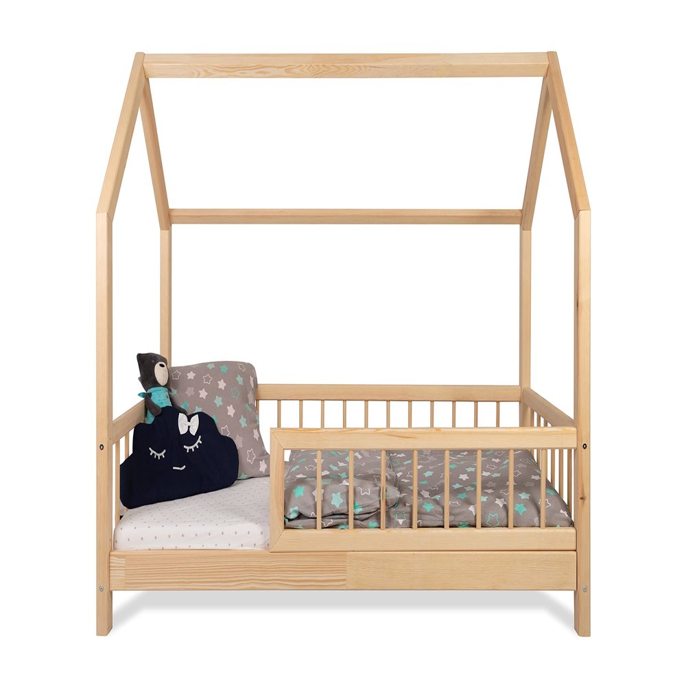 Kids' House Bed with Fall Protection, 90 x 140 cm, Pine Wood Frame