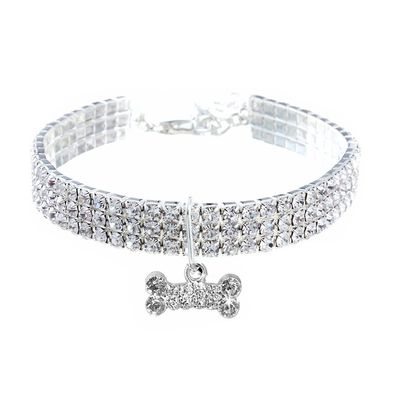 LtuzPet Adjustable Rhinestone Pet Collar with Crystal Bone Pendant
