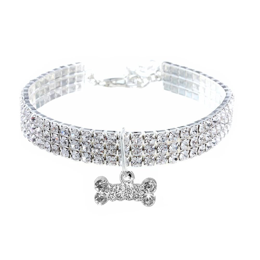 LtuzPet Adjustable Rhinestone Pet Collar with Crystal Bone Pendant