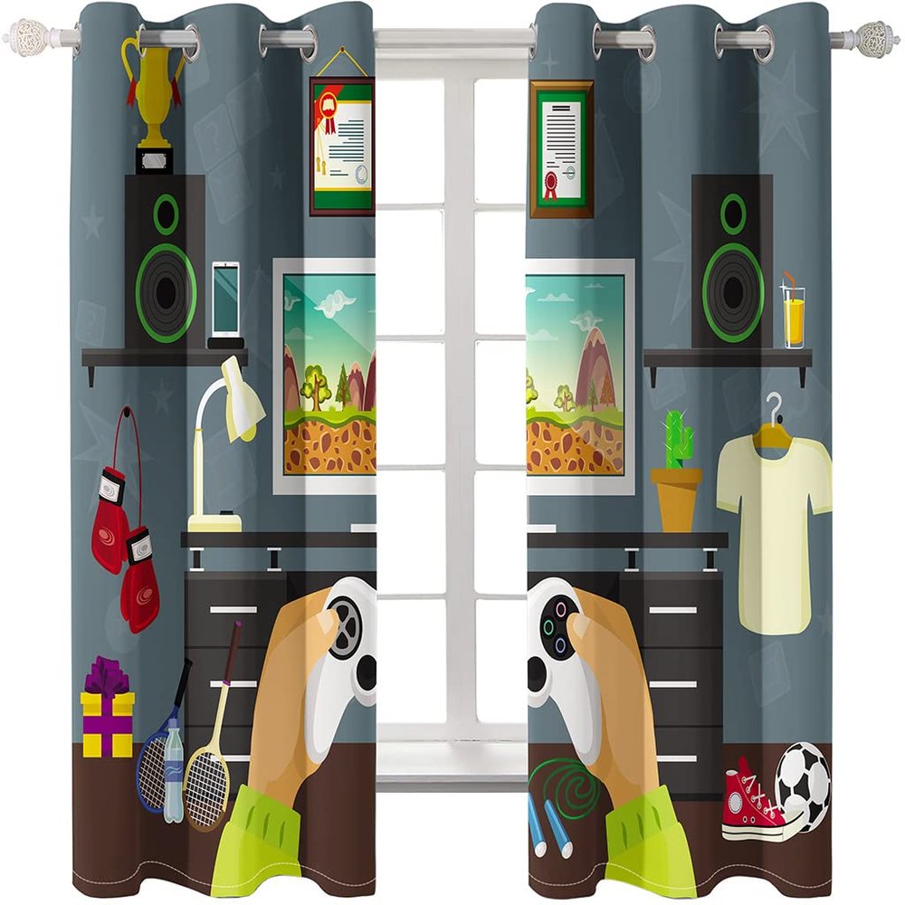 Xisnuient Kids' Blackout Curtains with Cartoon Dinosaur, Fox and Zoo Pattern, Gray, 117 x 137 cm