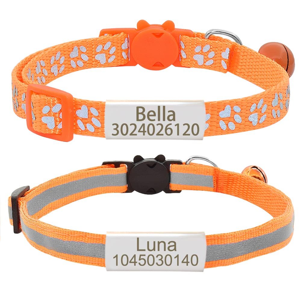 Senristar Personalized Reflective Cat Collars, 2-Pack, Breakaway with ID Tags and Bells