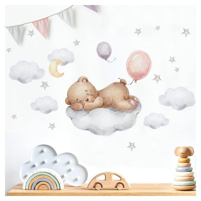 Little Deco Bear on Cloud Wall Sticker with Teddy Bear and Balloons, Nursery Decor DL871-6