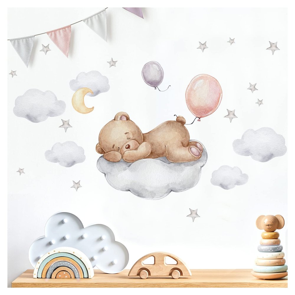 Little Deco Bear on Cloud Wall Sticker with Teddy Bear and Balloons, Nursery Decor DL871-6
