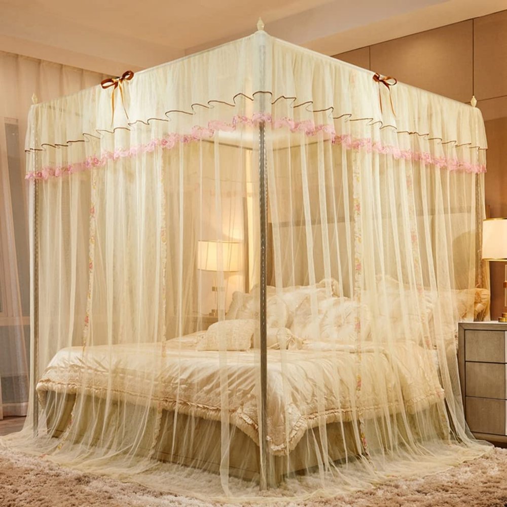 DUXY Mosquito Net Bed Canopy with 4 Corner Posts, Stainless Steel Frame, 3 Openings, Beige, 25 mm, 150 x 200 cm
