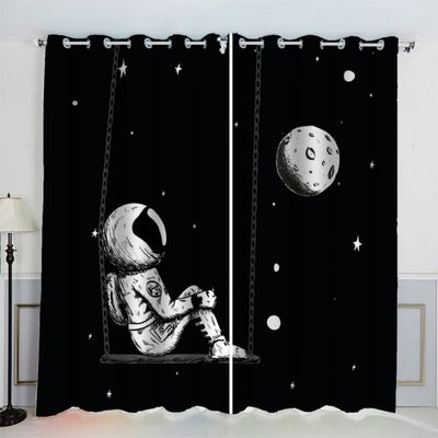 LUORU 3D Universe Planet Blackout Curtains with Grommets, 150 x 166 cm, 2-Piece Set