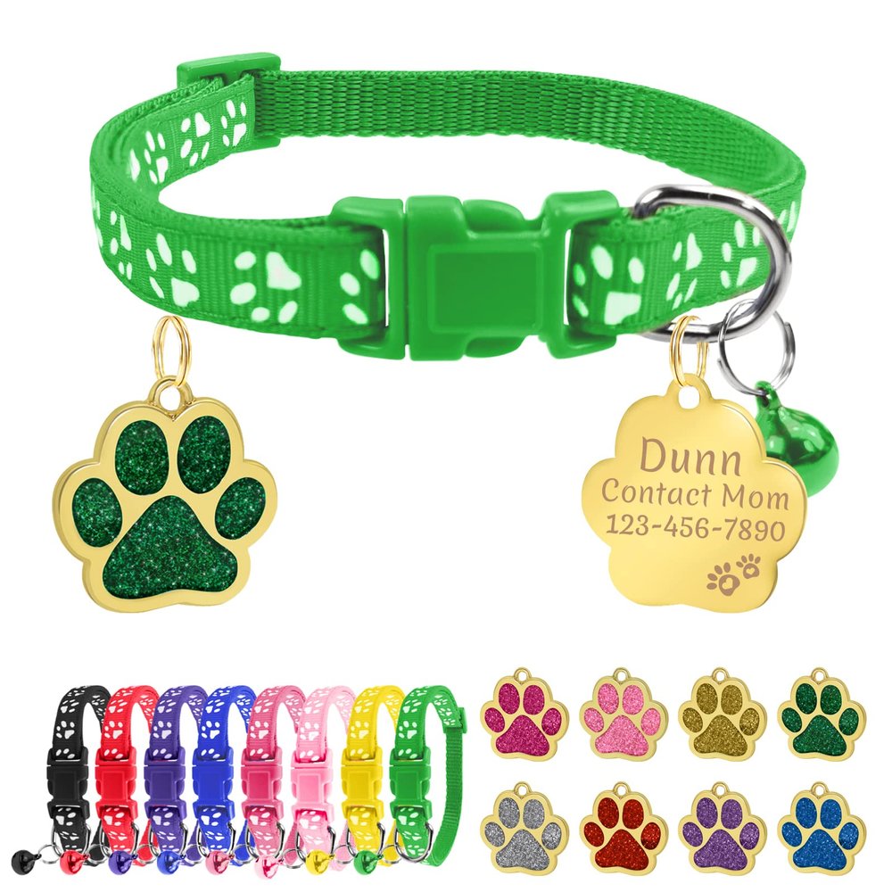 Uiopa Personalized Cat Collar with Bell (Dark Green, 1 Pack)