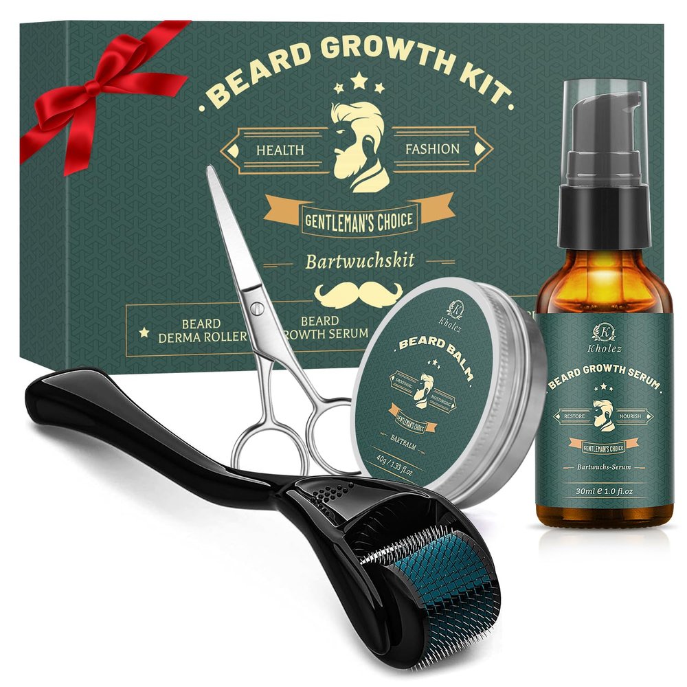 KHOLEZ Beard Roller Set, 0.25 mm Dermaroller with Beard Growth Products for Men