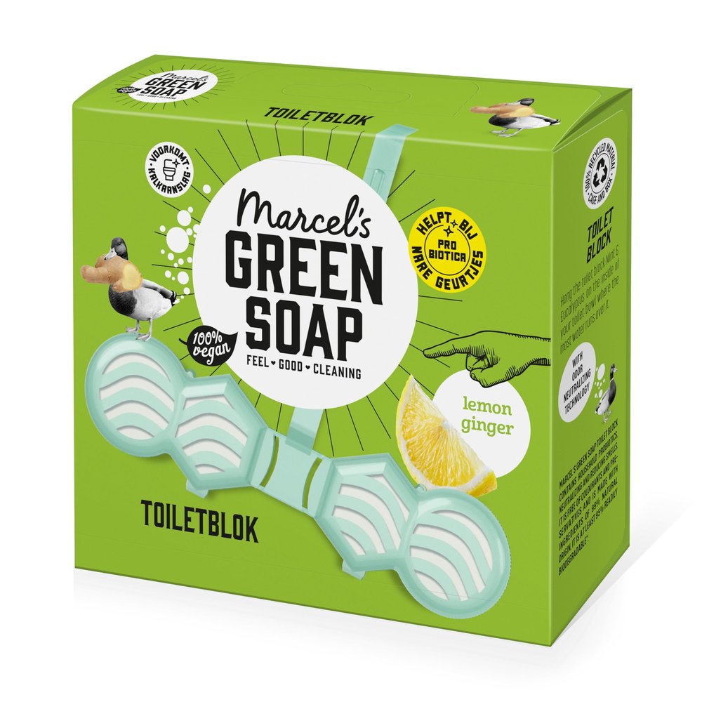 Marcel's Green Soap Toilet Block, Lemon & Ginger – Microplastic-Free Formula, Vegan, 35 g
