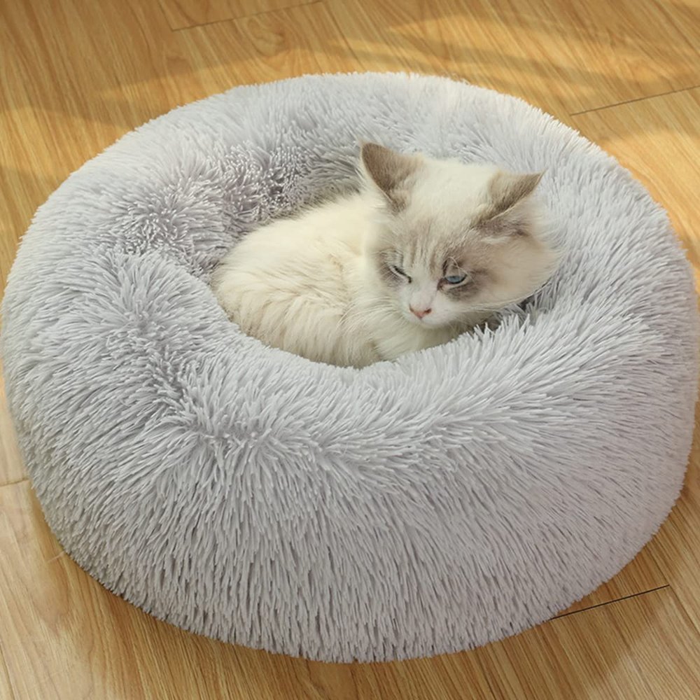 Calming Donut Dog Bed, Plush Faux-Fur Bed for Small Dogs, 35 in